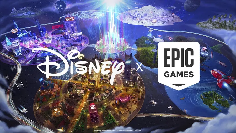 Disney and Epic Games logos over the universe shown in the official public collaboration announcement.