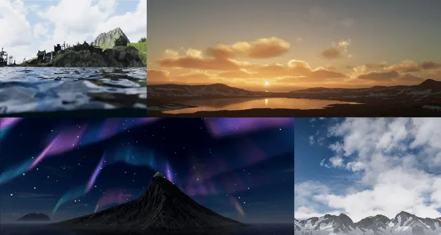 Public Unity HDRP showcase collage of water, sunset, aurora, and mountain lighting.